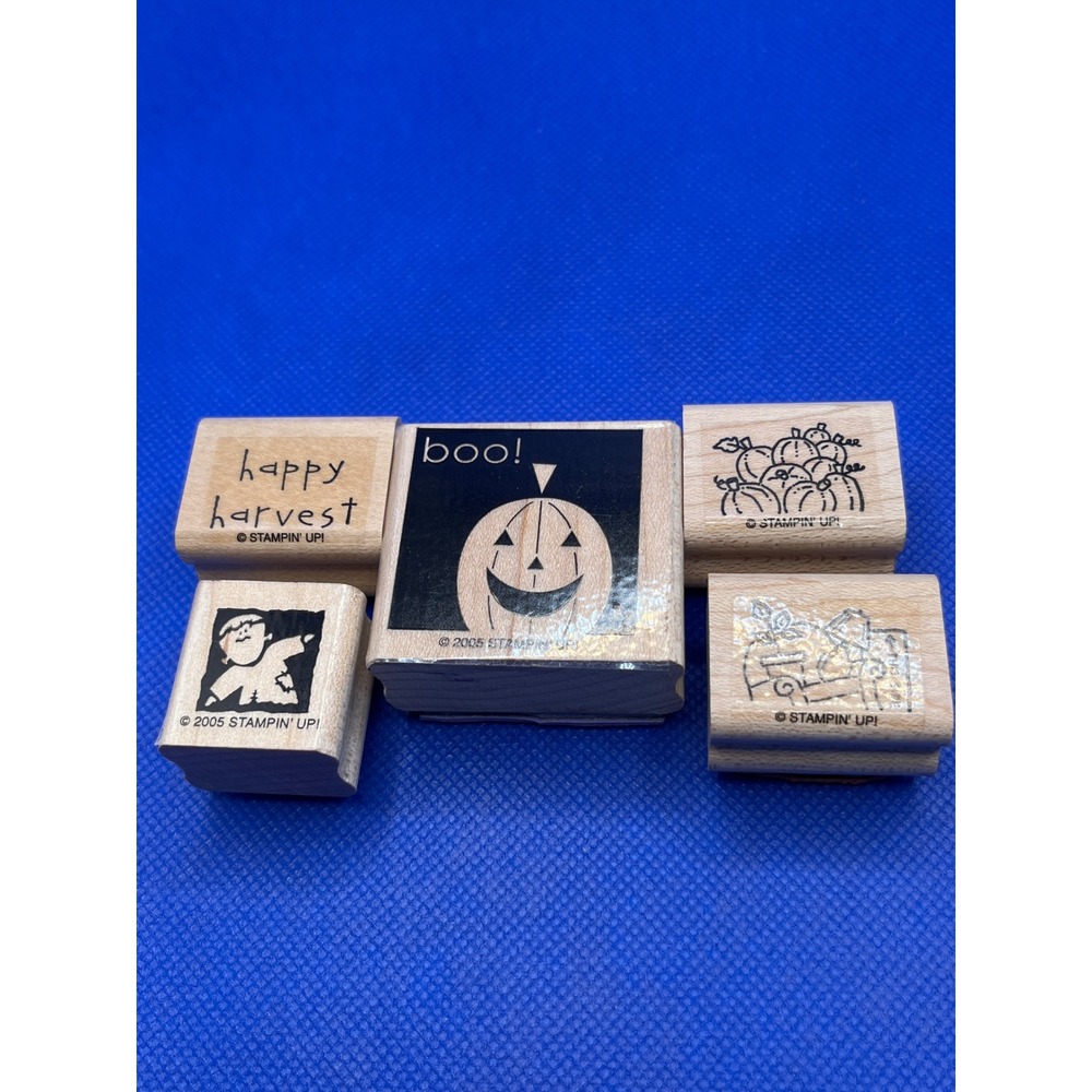 Stampin Up Halloween Autumn Wood Rubber Stamp Set Boo Happy Harvest 5pc Lot